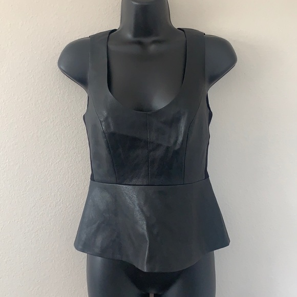 BCBG MaxAzria Cladiana Black Faux Leather Scoop Neck Peplum Tank Top - Picture 3 of 15